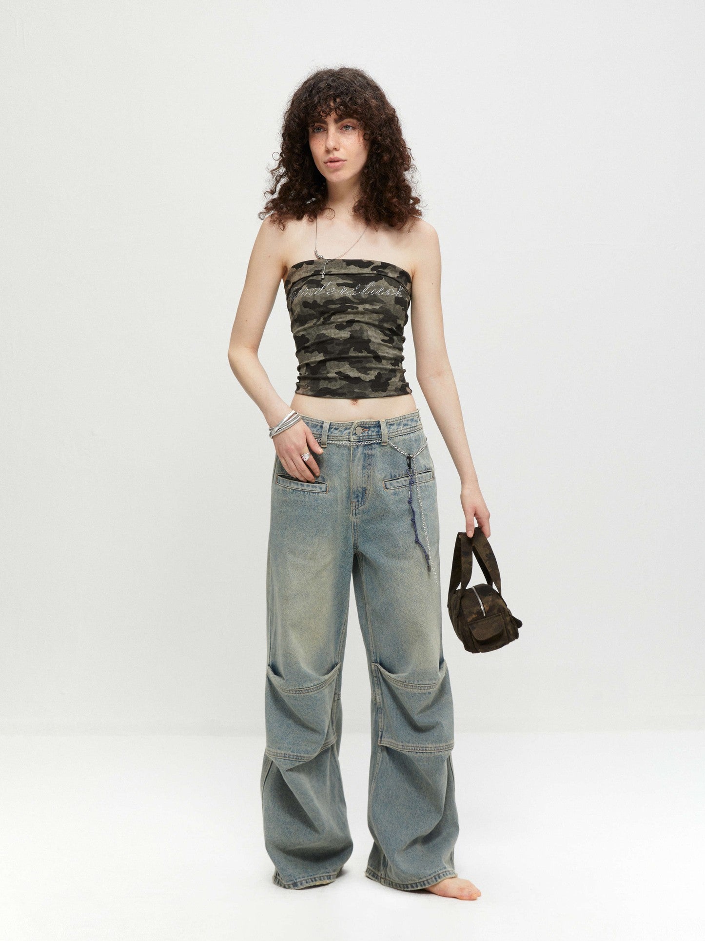 kvkv Rhinestone Camouflage Stretch Backless Crop Women&