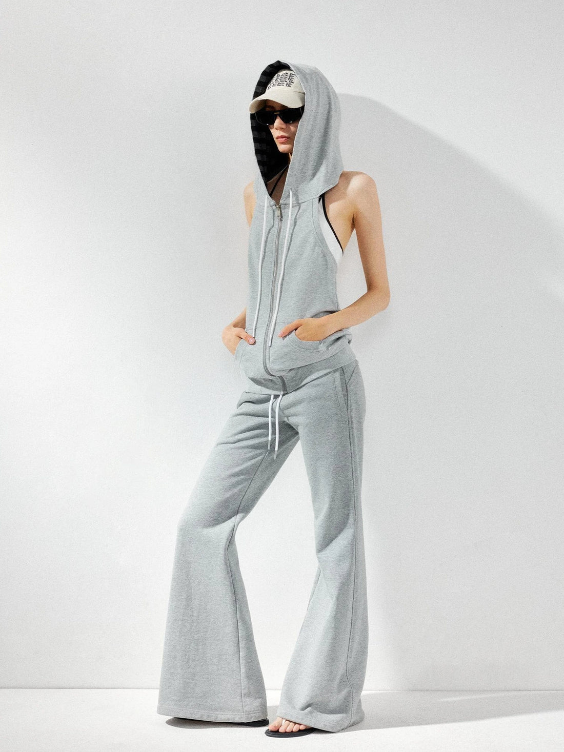 kvkv Ribbed Sleeveless Hooded Zip Back Tank Sweatshirt