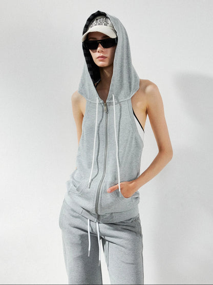 kvkv Ribbed Sleeveless Hooded Zip Back Tank Sweatshirt