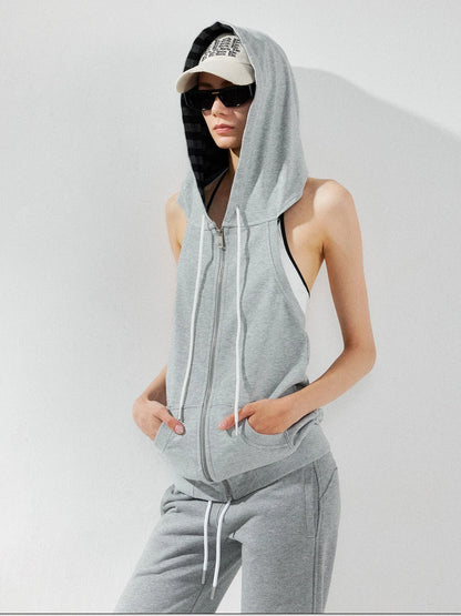 kvkv Ribbed Sleeveless Hooded Zip Back Tank Sweatshirt