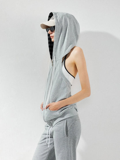 kvkv Ribbed Sleeveless Hooded Zip Back Tank Sweatshirt
