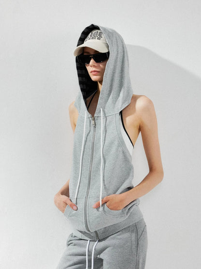 kvkv Ribbed Sleeveless Hooded Zip Back Tank Sweatshirt
