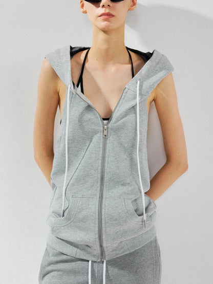 kvkv Ribbed Sleeveless Hooded Zip Back Tank Sweatshirt