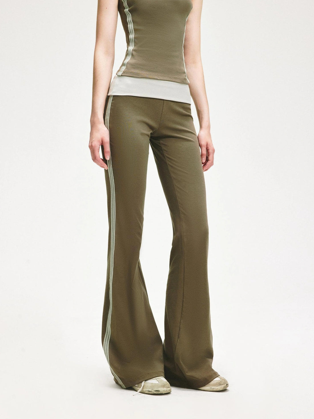 KVKV Yoga Clothing Brand - Smoky Green Mesh Trim Flared Yoga Pants