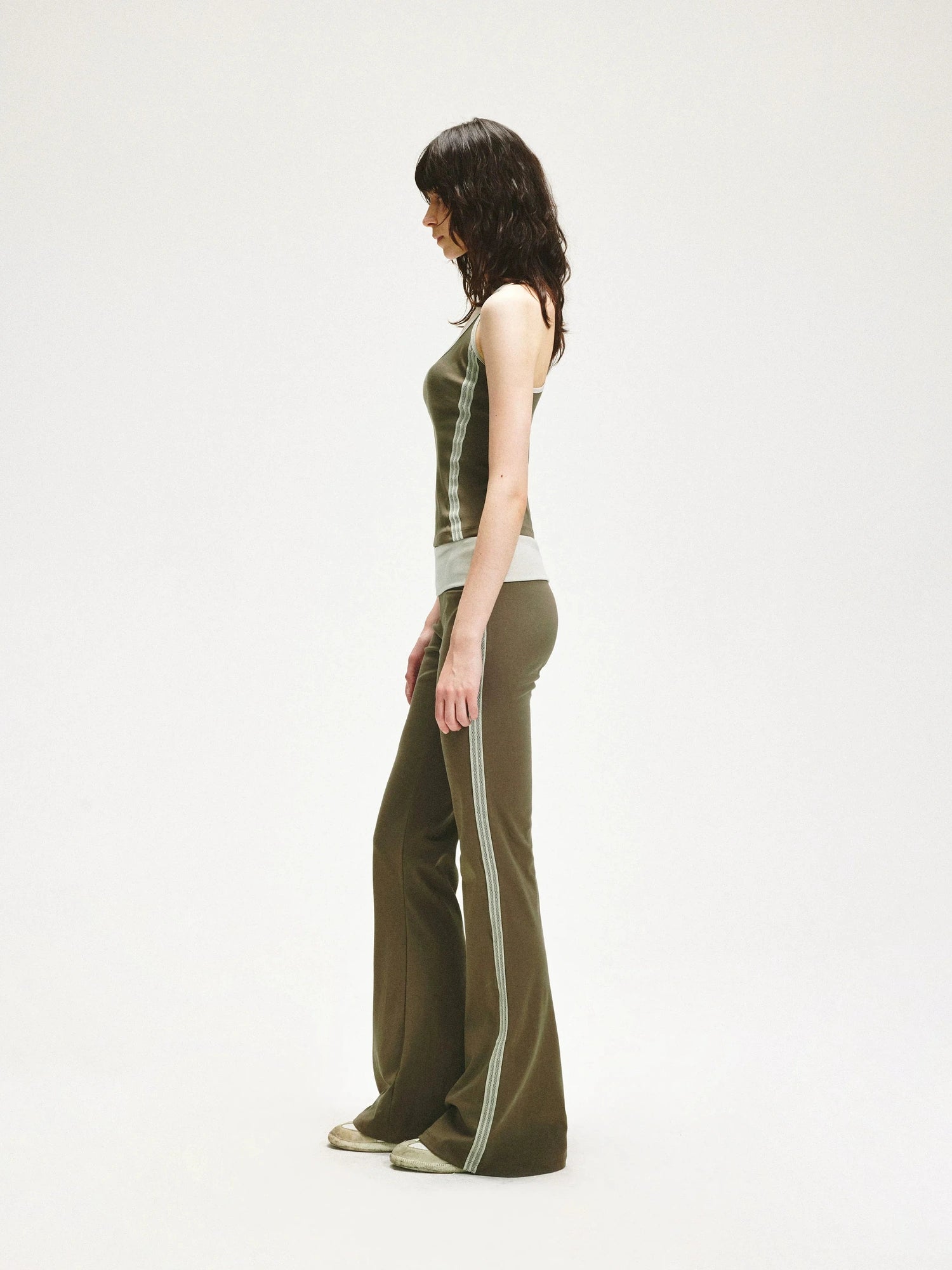 KVKV Yoga Clothing Brand - Smoky Green Mesh Trim Flared Yoga Pants