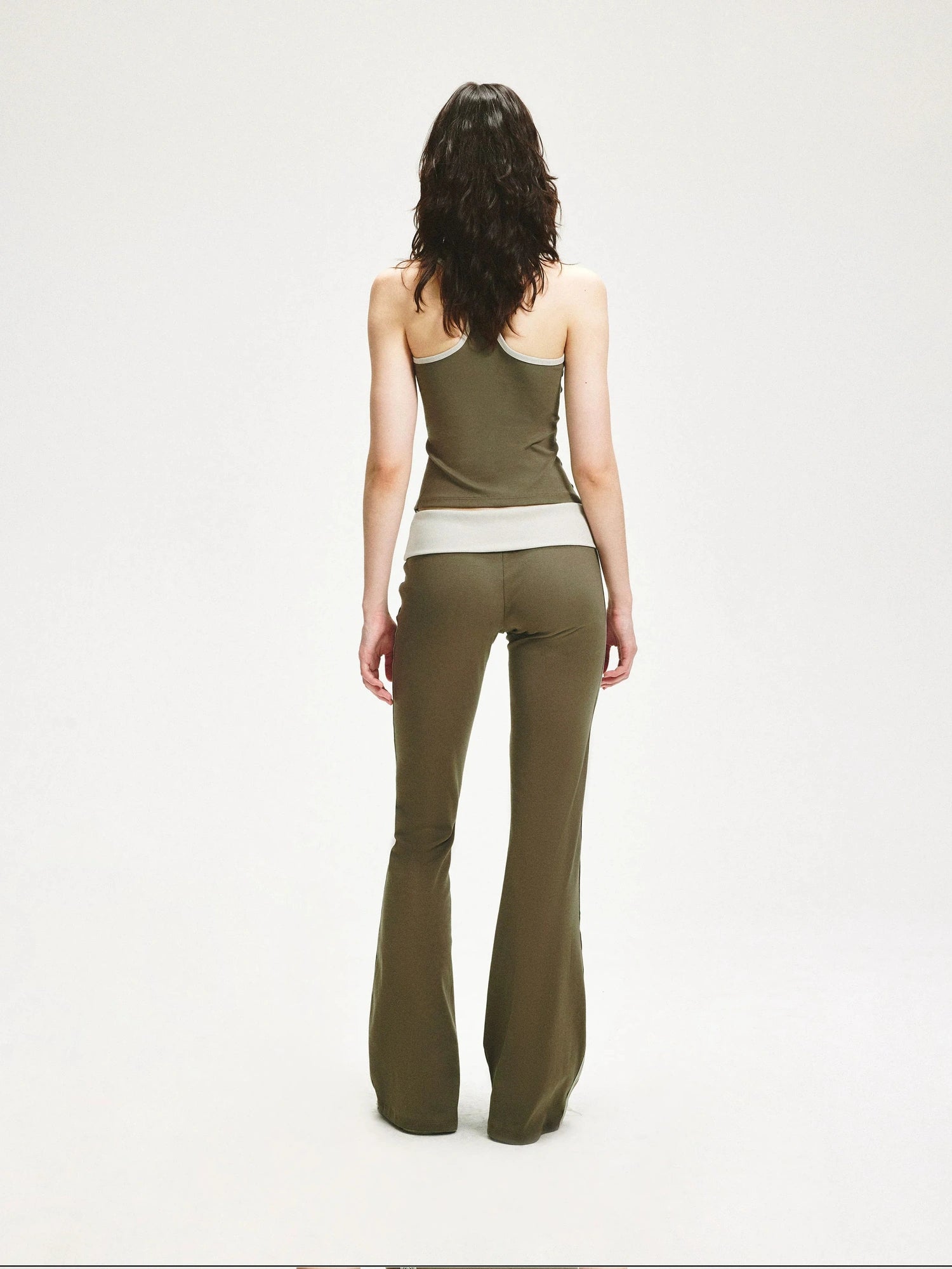 KVKV Yoga Clothing Brand - Smoky Green Mesh Trim Flared Yoga Pants