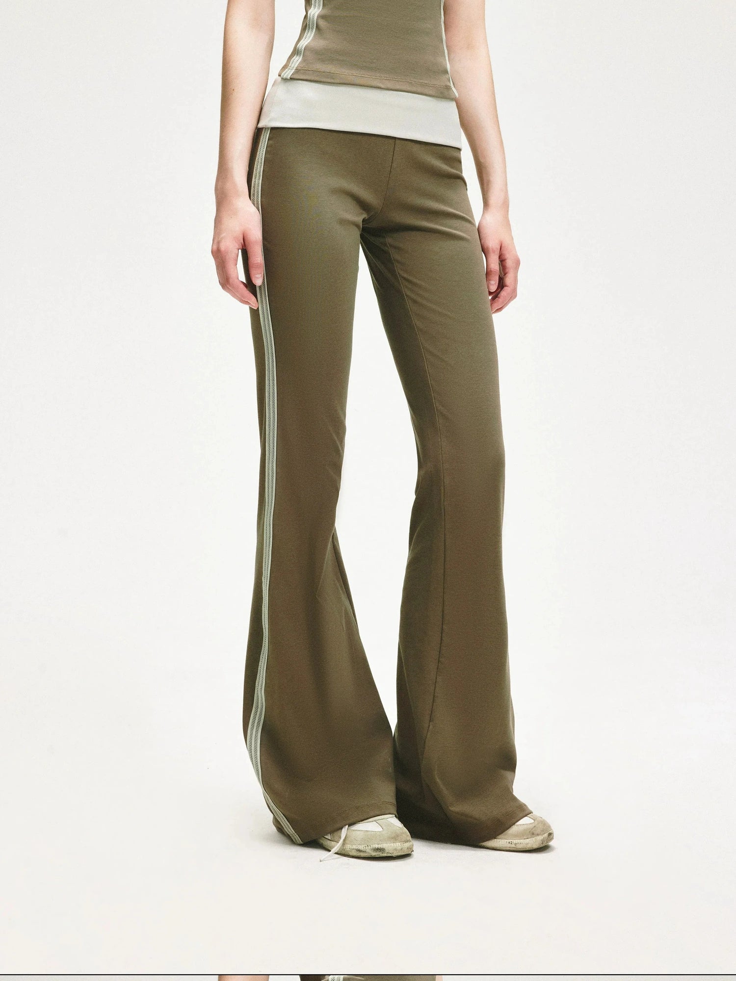 KVKV Yoga Clothing Brand - Smoky Green Mesh Trim Flared Yoga Pants