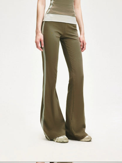 KVKV Yoga Clothing Brand - Smoky Green Mesh Trim Flared Yoga Pants
