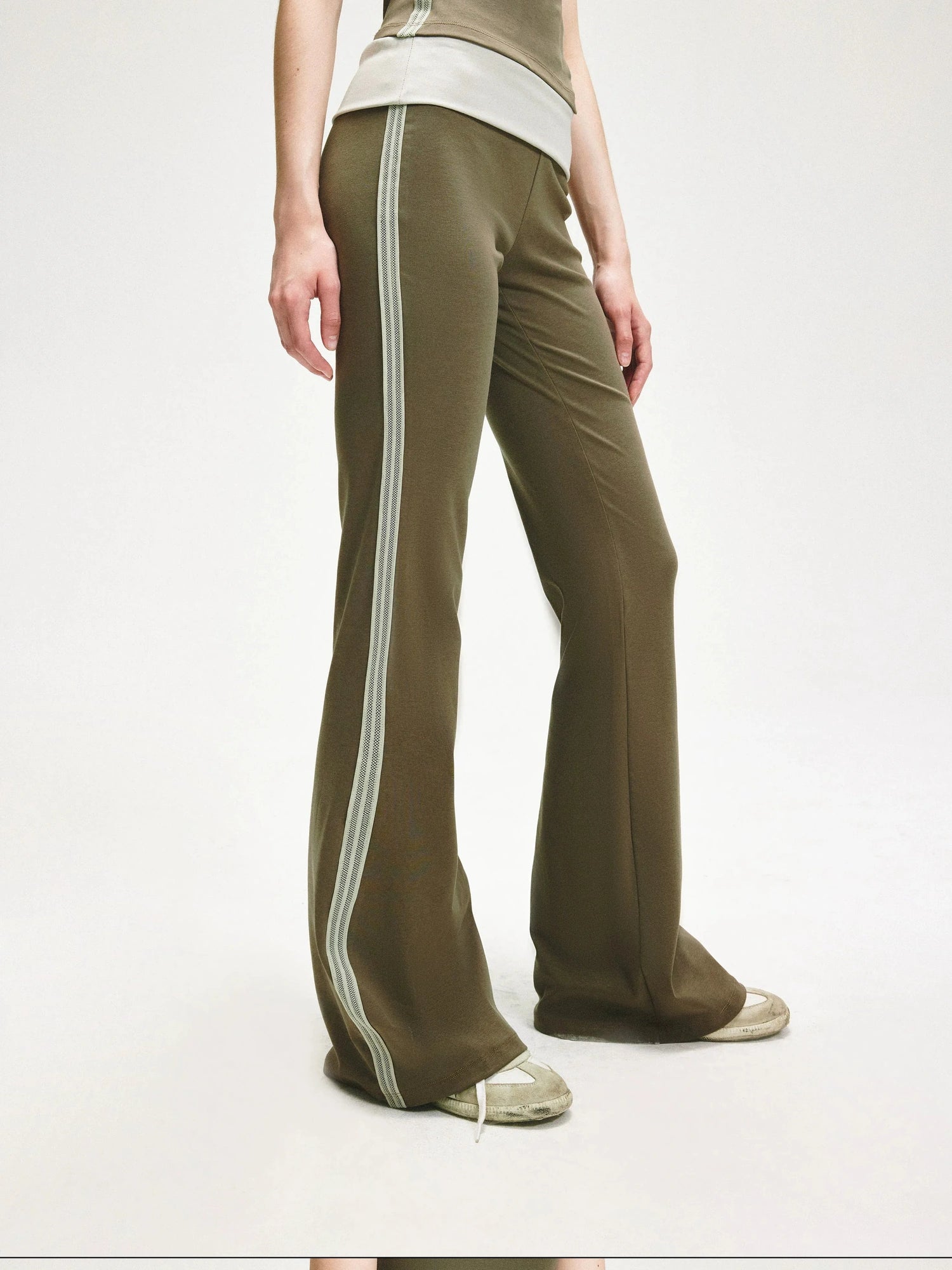 KVKV Yoga Clothing Brand - Smoky Green Mesh Trim Flared Yoga Pants