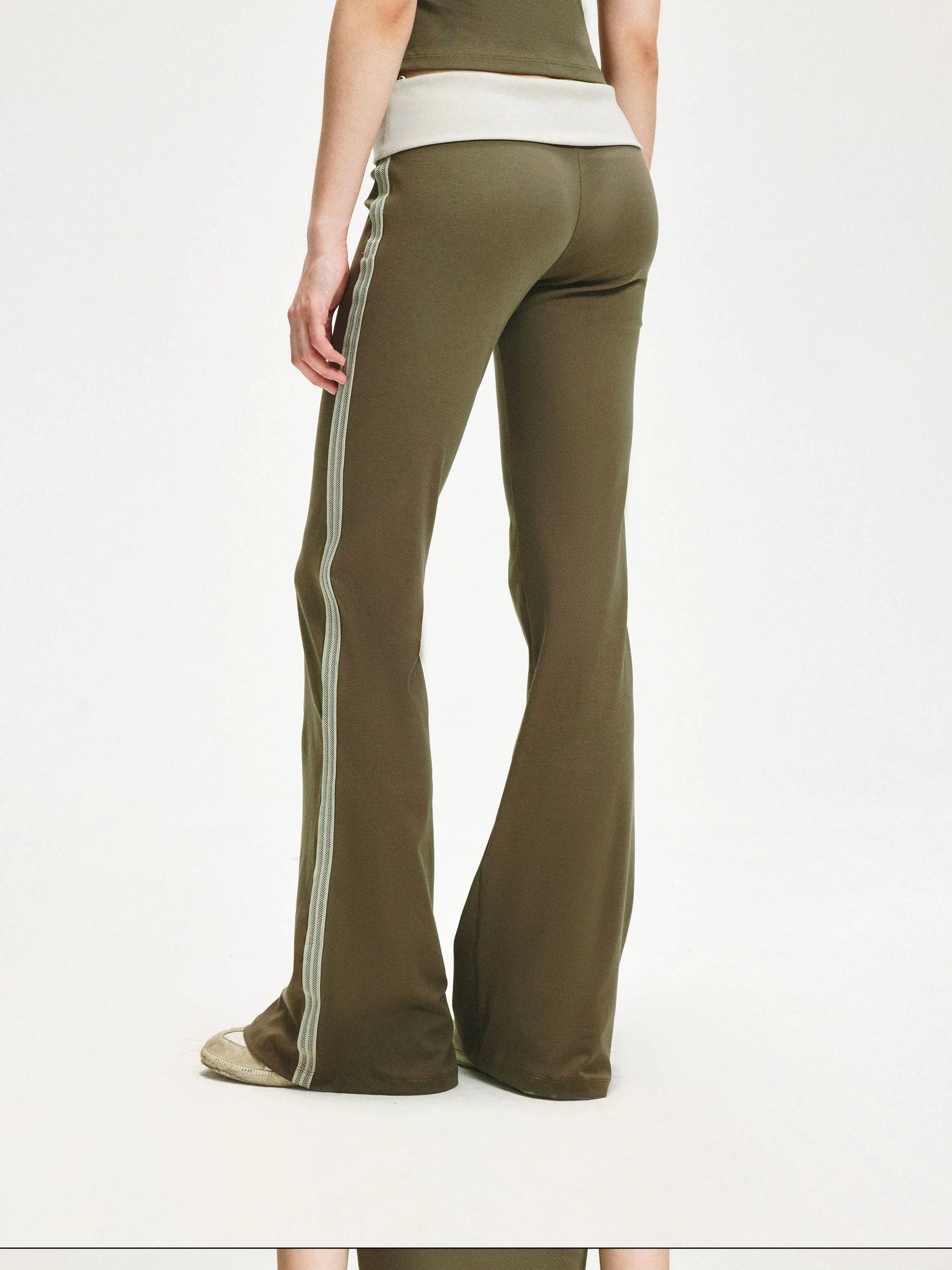 KVKV Yoga Clothing Brand - Smoky Green Mesh Trim Flared Yoga Pants
