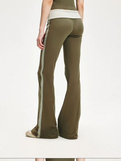 KVKV Yoga Clothing Brand - Smoky Green Mesh Trim Flared Yoga Pants