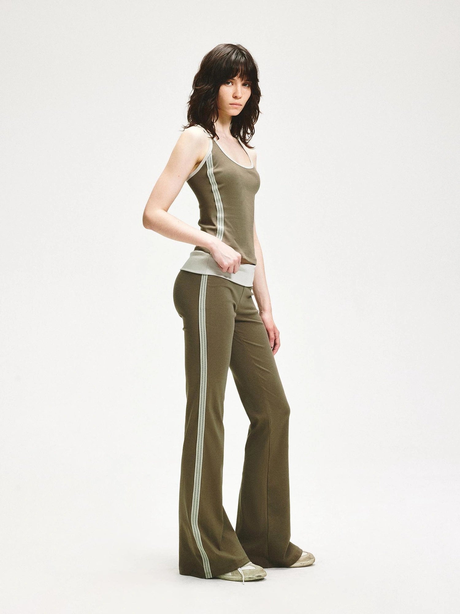 KVKV Yoga Clothing Brand - Smoky Green Mesh Trim Flared Yoga Pants