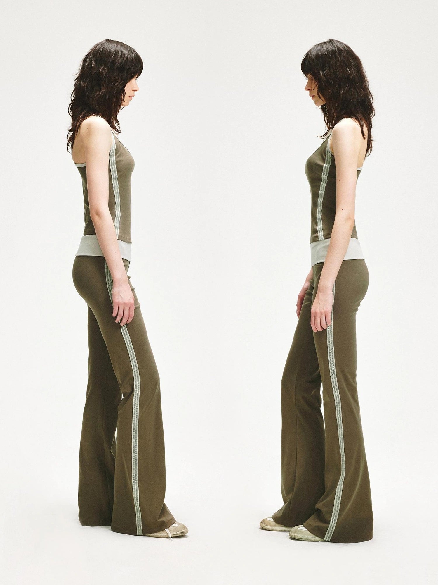 KVKV Yoga Clothing Brand - Smoky Green Mesh Trim Flared Yoga Pants