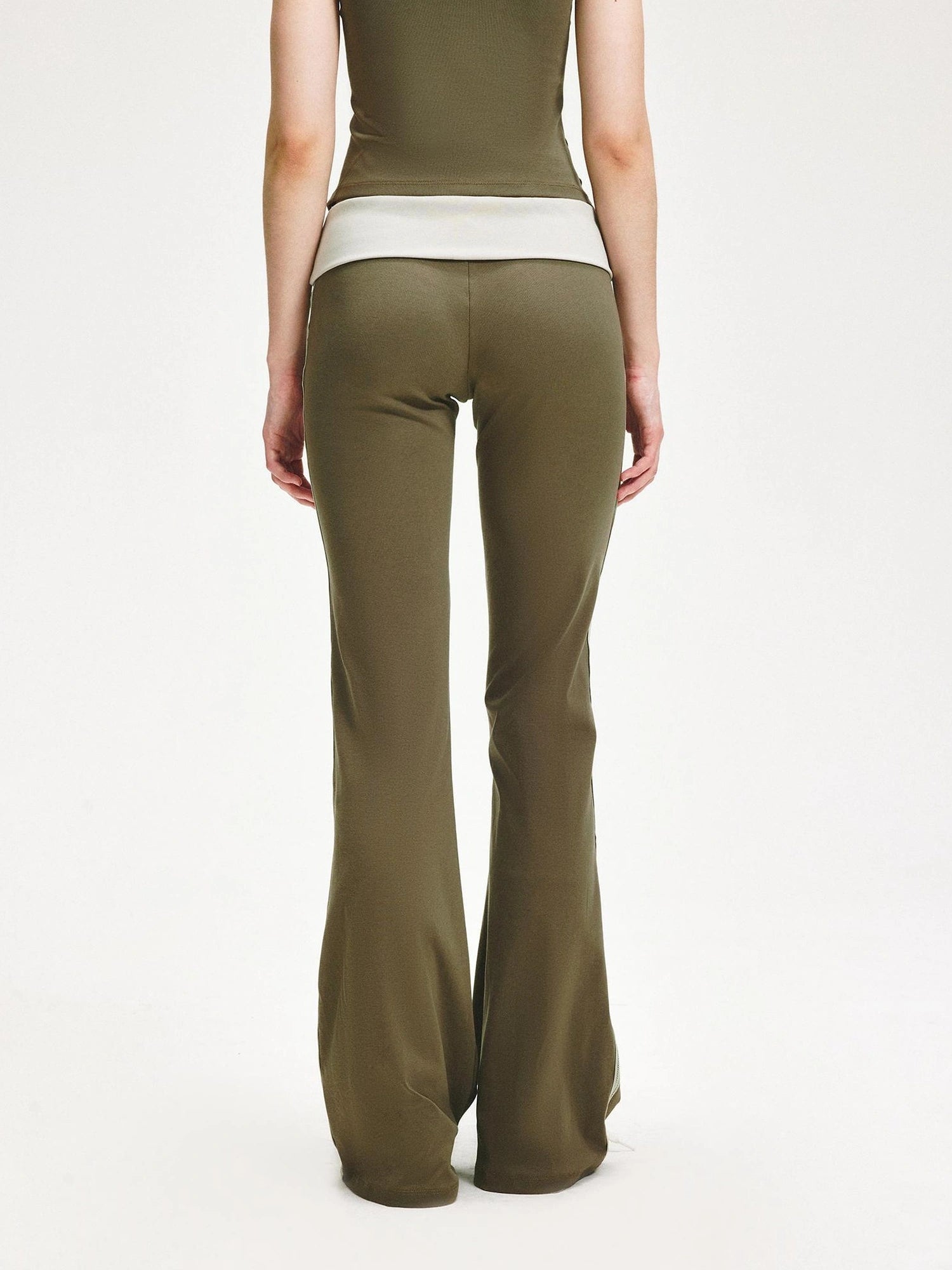 KVKV Yoga Clothing Brand - Smoky Green Mesh Trim Flared Yoga Pants