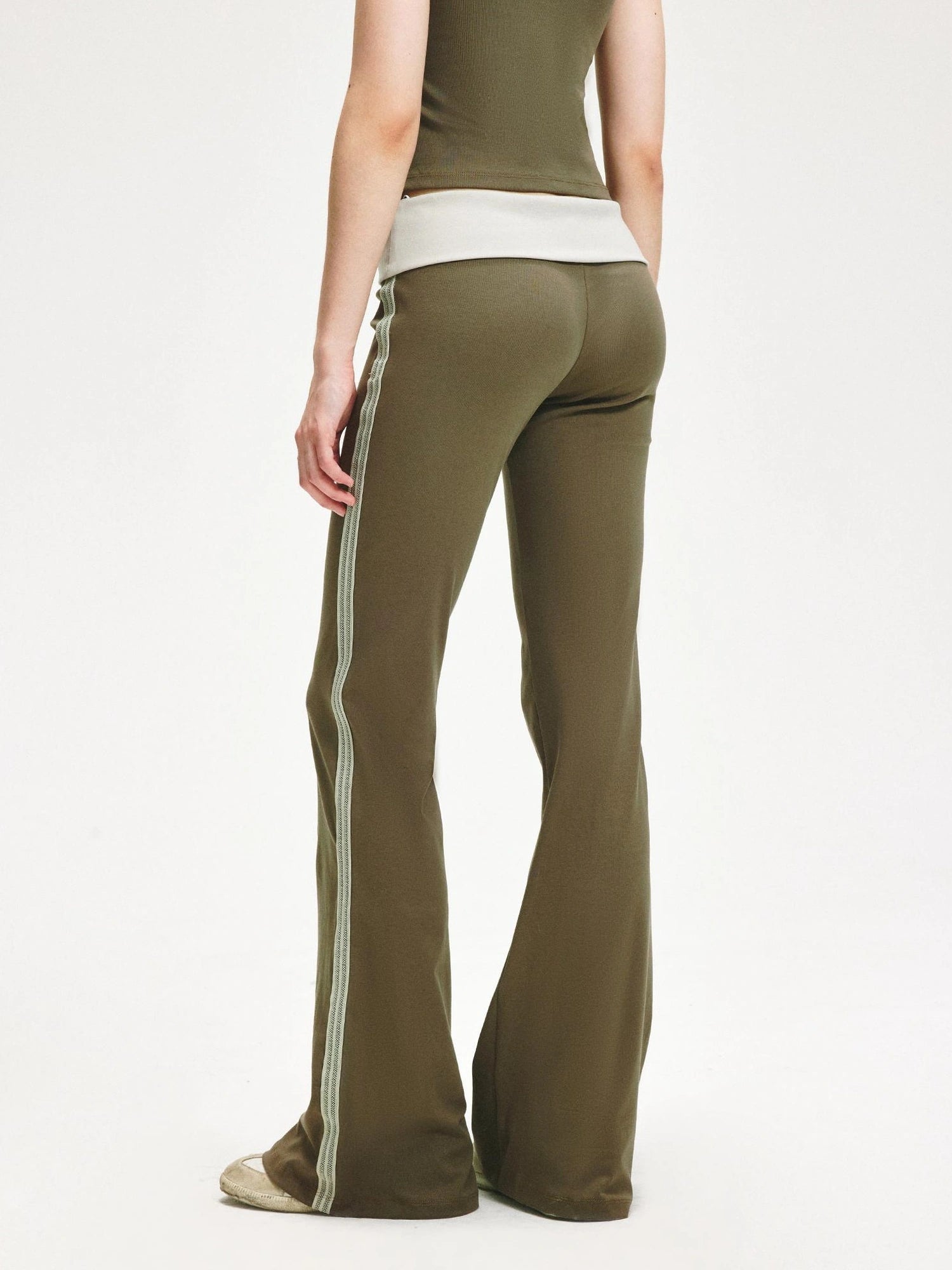 KVKV Yoga Clothing Brand - Smoky Green Mesh Trim Flared Yoga Pants