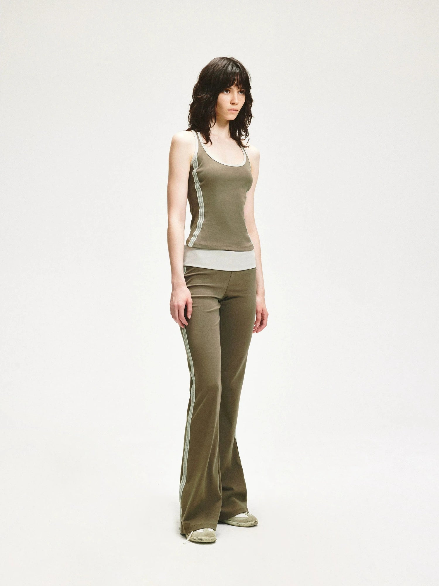 KVKV Yoga Clothing Brand - Smoky Green Mesh Trim Flared Yoga Pants