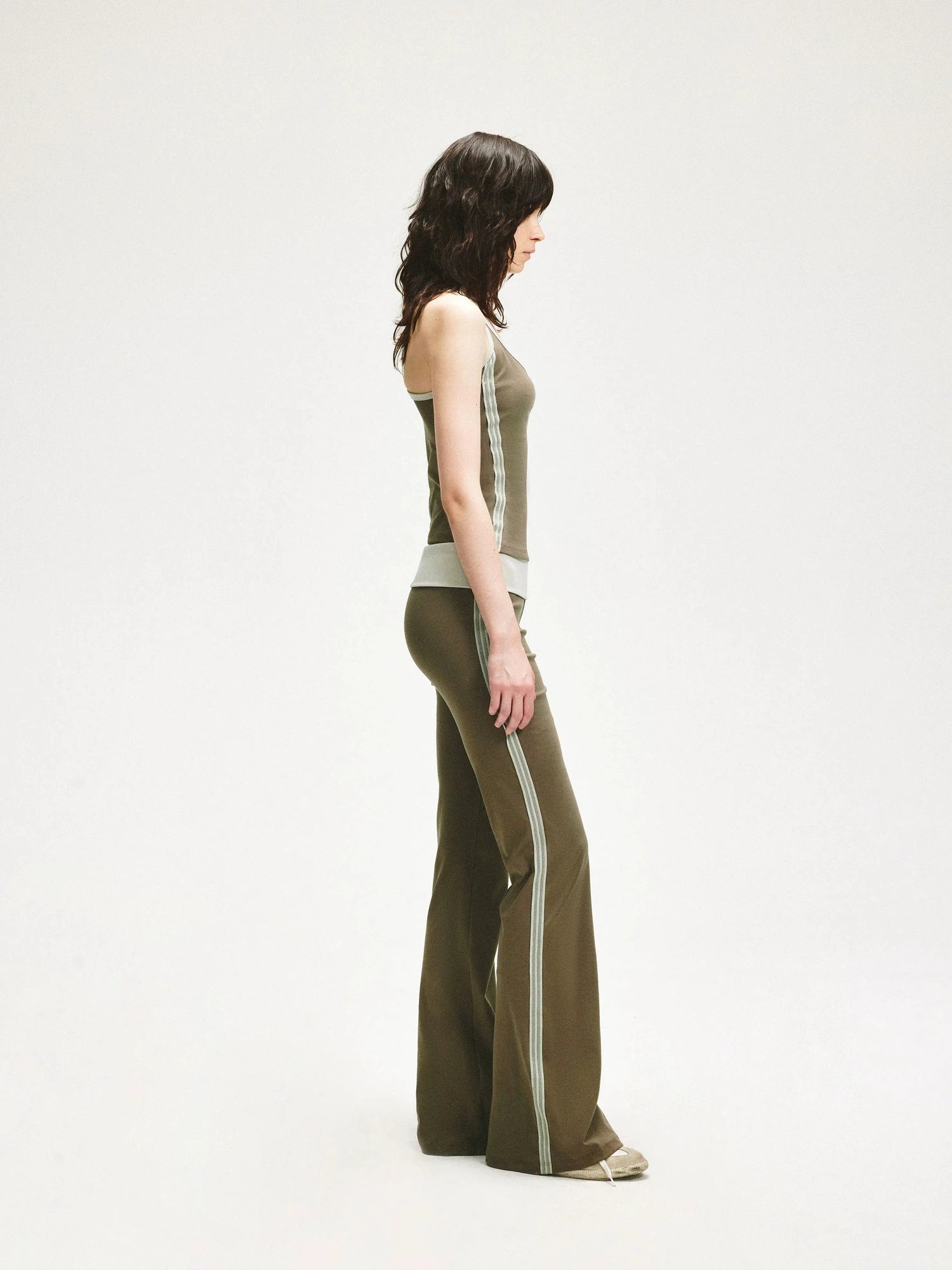 KVKV Yoga Clothing Brand - Smoky Green Mesh Trim Flared Yoga Pants