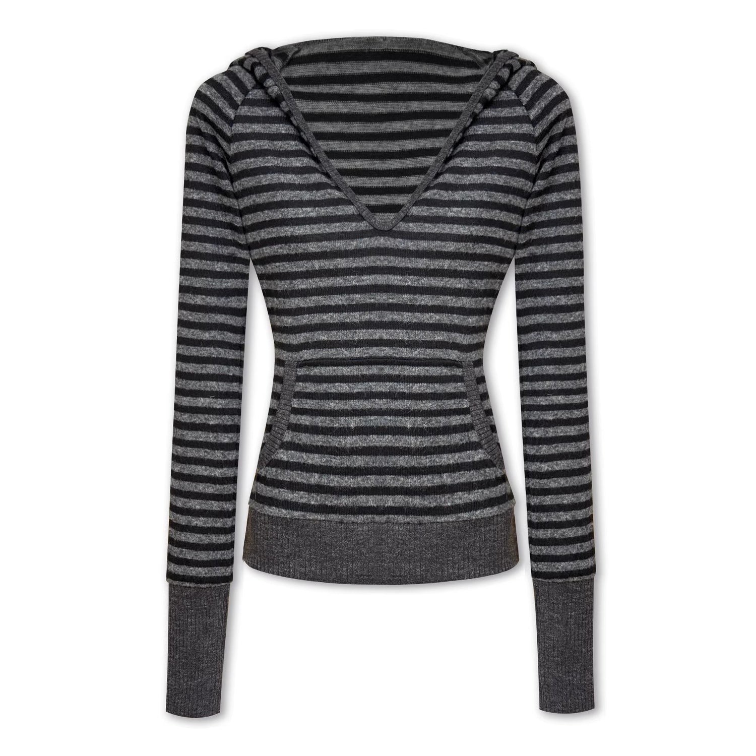 kvkv_Soft_Acrylic_Wool_Blend_Slim_Fit_Hooded_V_Neck_Striped_Unisex_Black_Gray_T-Shirt_MISSTT