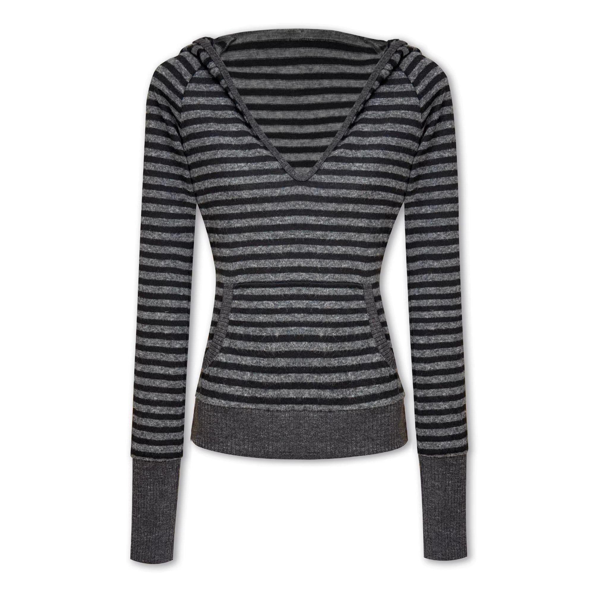 kvkv_Soft_Acrylic_Wool_Blend_Slim_Fit_Hooded_V_Neck_Striped_Unisex_Black_Gray_T-Shirt_MISSTT