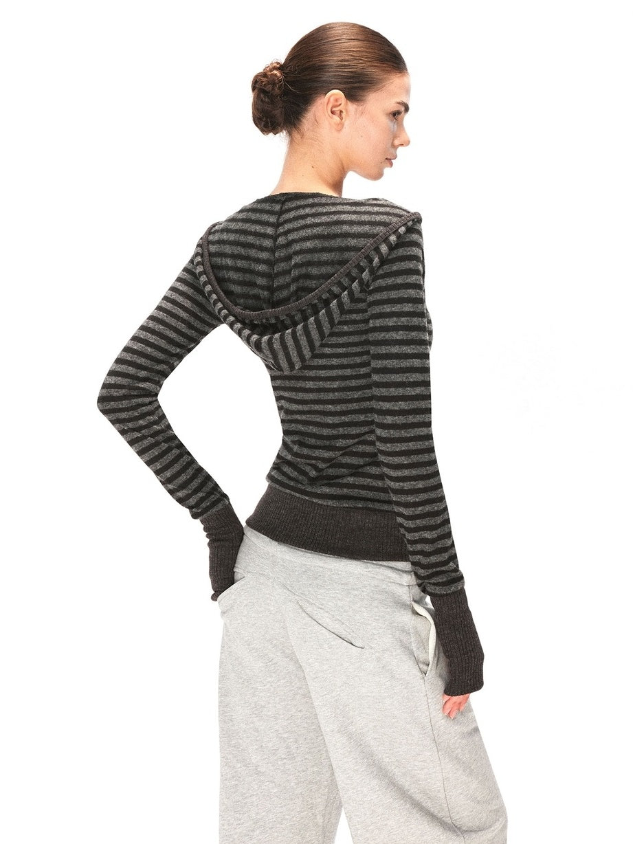 kvkv Soft Acrylic Wool Blend Slim Fit Hooded V Neck Striped Unisex Black Gray T-Shirt
