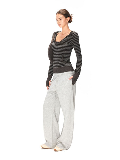kvkv Soft Acrylic Wool Blend Slim Fit Hooded V Neck Striped Unisex Black Gray T-Shirt