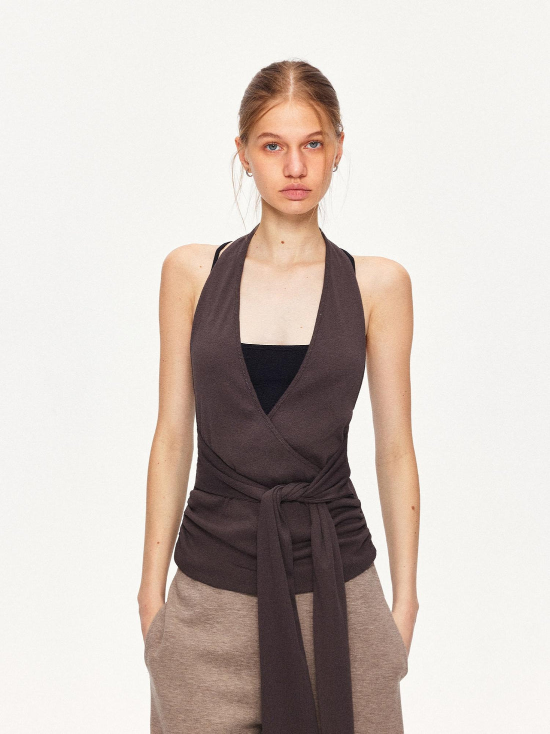 kvkv Soft Cotton Blend Slim Halter V Neck Cropped Casual Women Brown Tank Tops