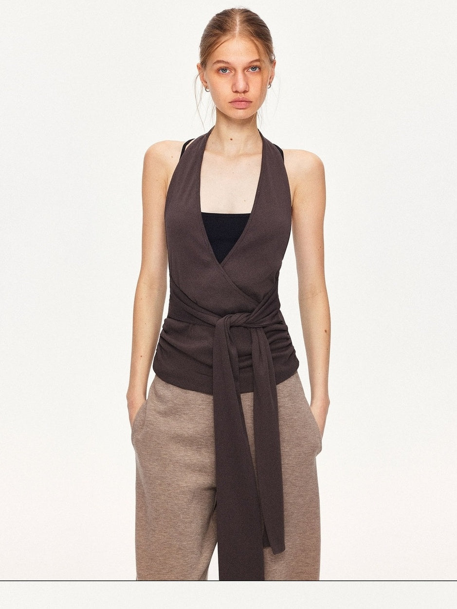 kvkv Soft Cotton Blend Slim Halter V Neck Cropped Casual Women Brown Tank Tops