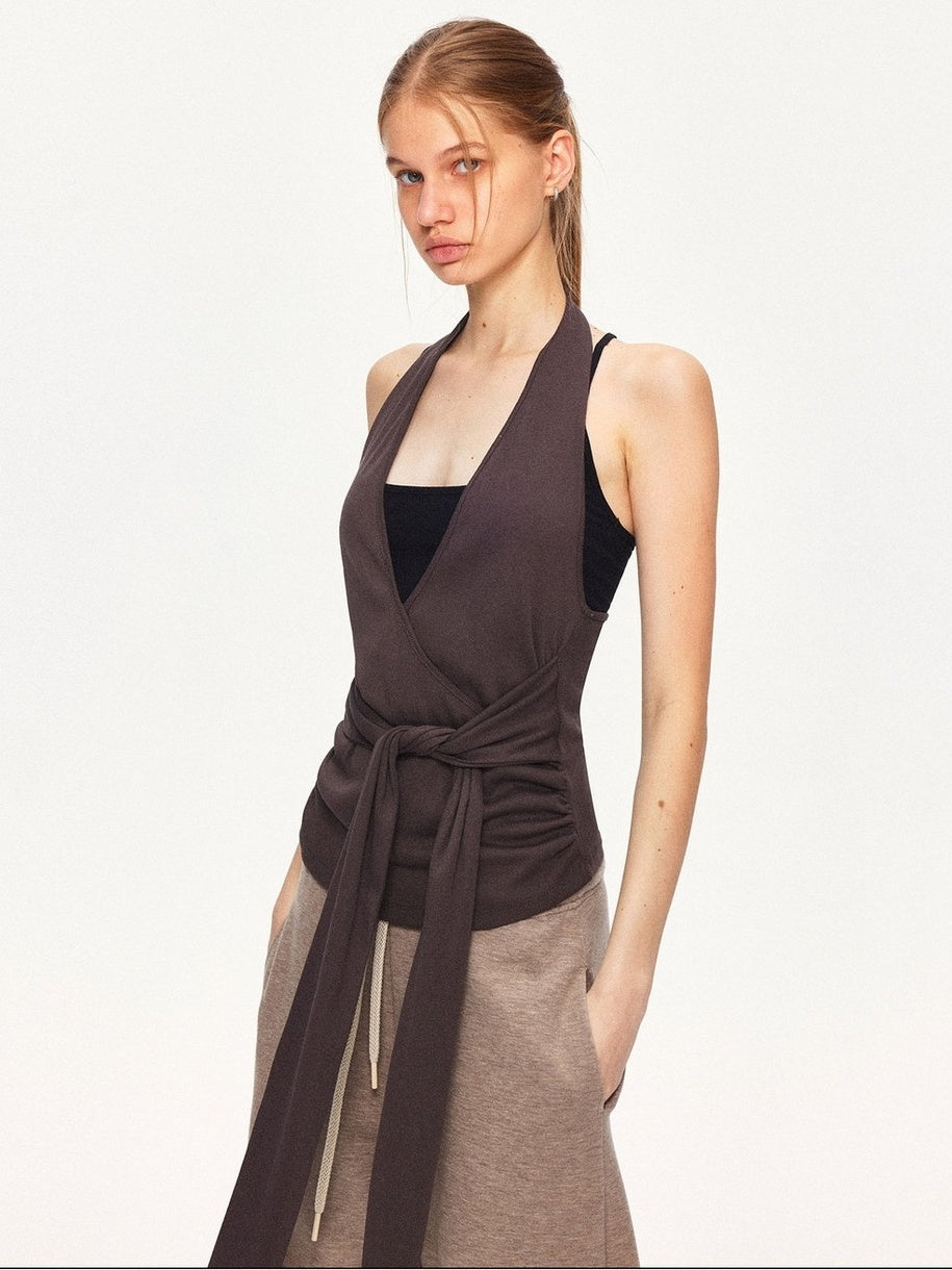 kvkv Soft Cotton Blend Slim Halter V Neck Cropped Casual Women Brown Tank Tops