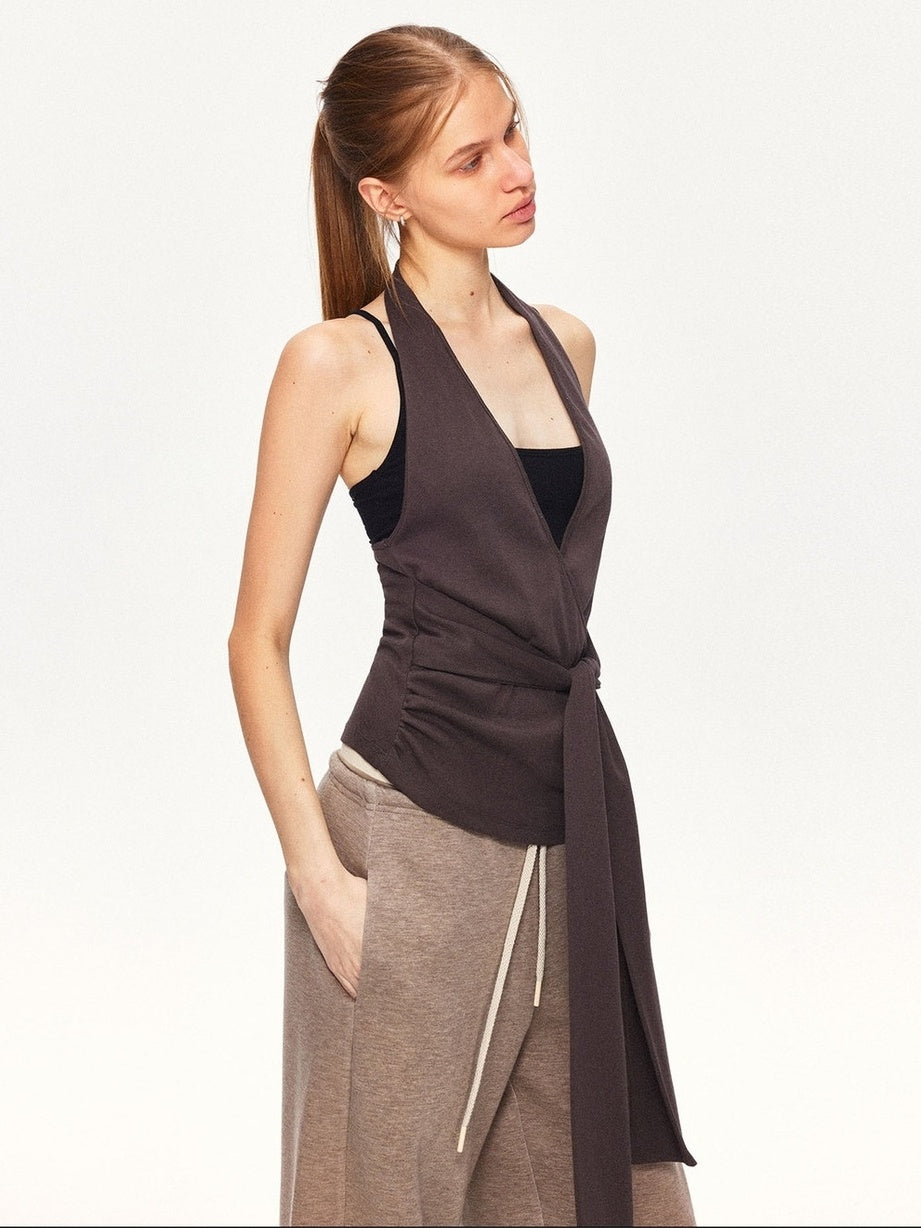 kvkv Soft Cotton Blend Slim Halter V Neck Cropped Casual Women Brown Tank Tops