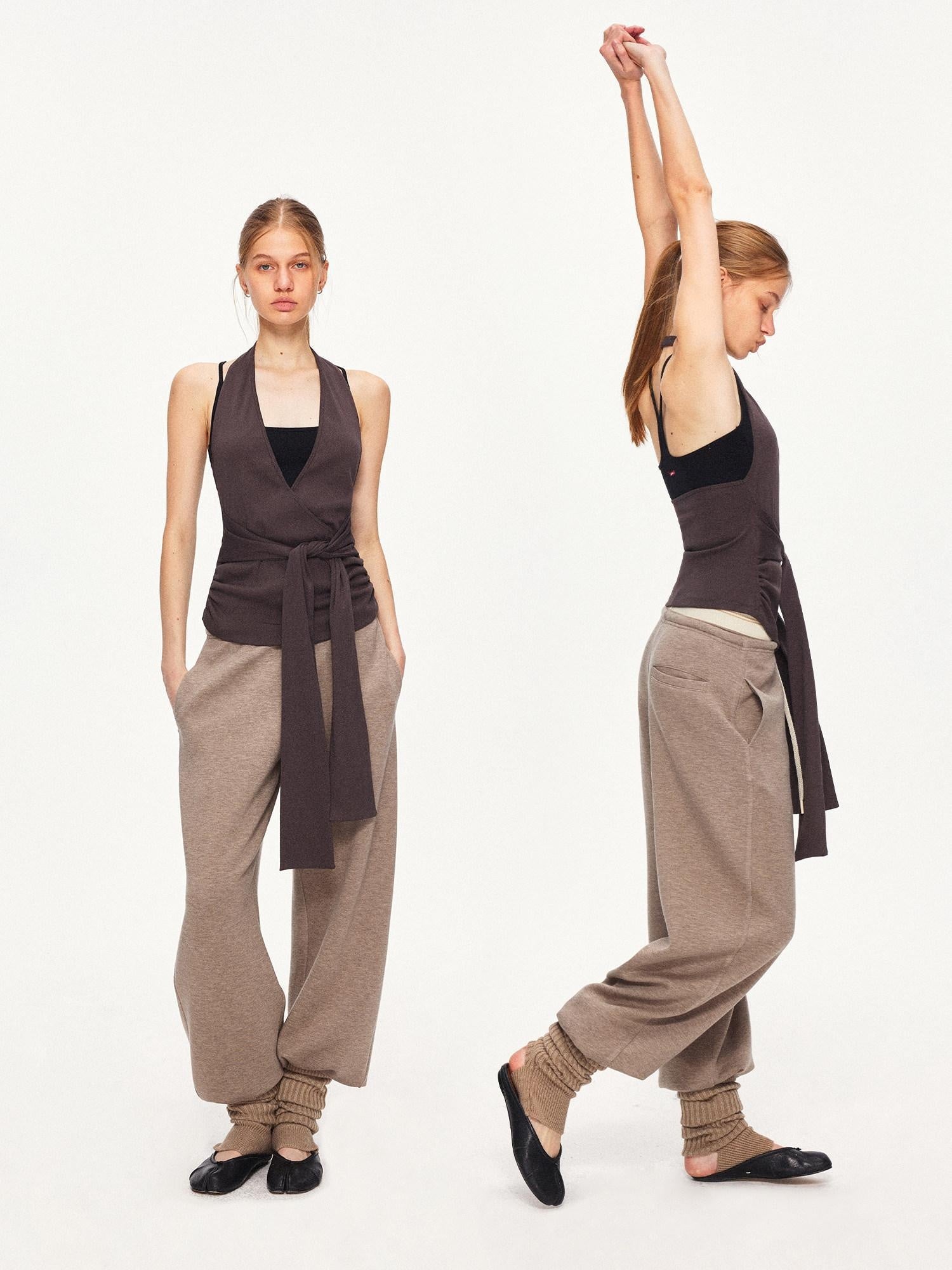 kvkv Soft Cotton Blend Slim Halter V Neck Cropped Casual Women Brown Tank Tops