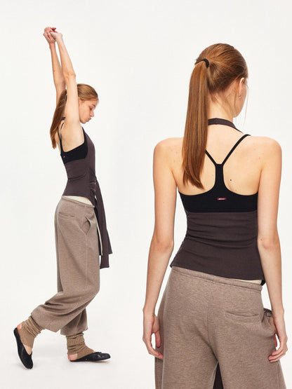 kvkv Soft Cotton Blend Slim Halter V Neck Cropped Casual Women Brown Tank Tops