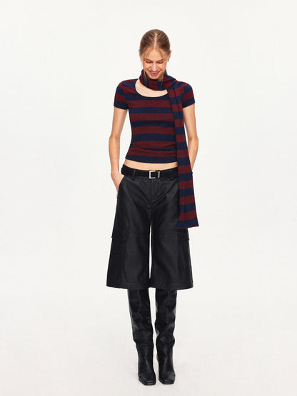 kvkv Soft Cotton Blend Striped Cropped Vintage Slim Fit Crew Neck Sweater