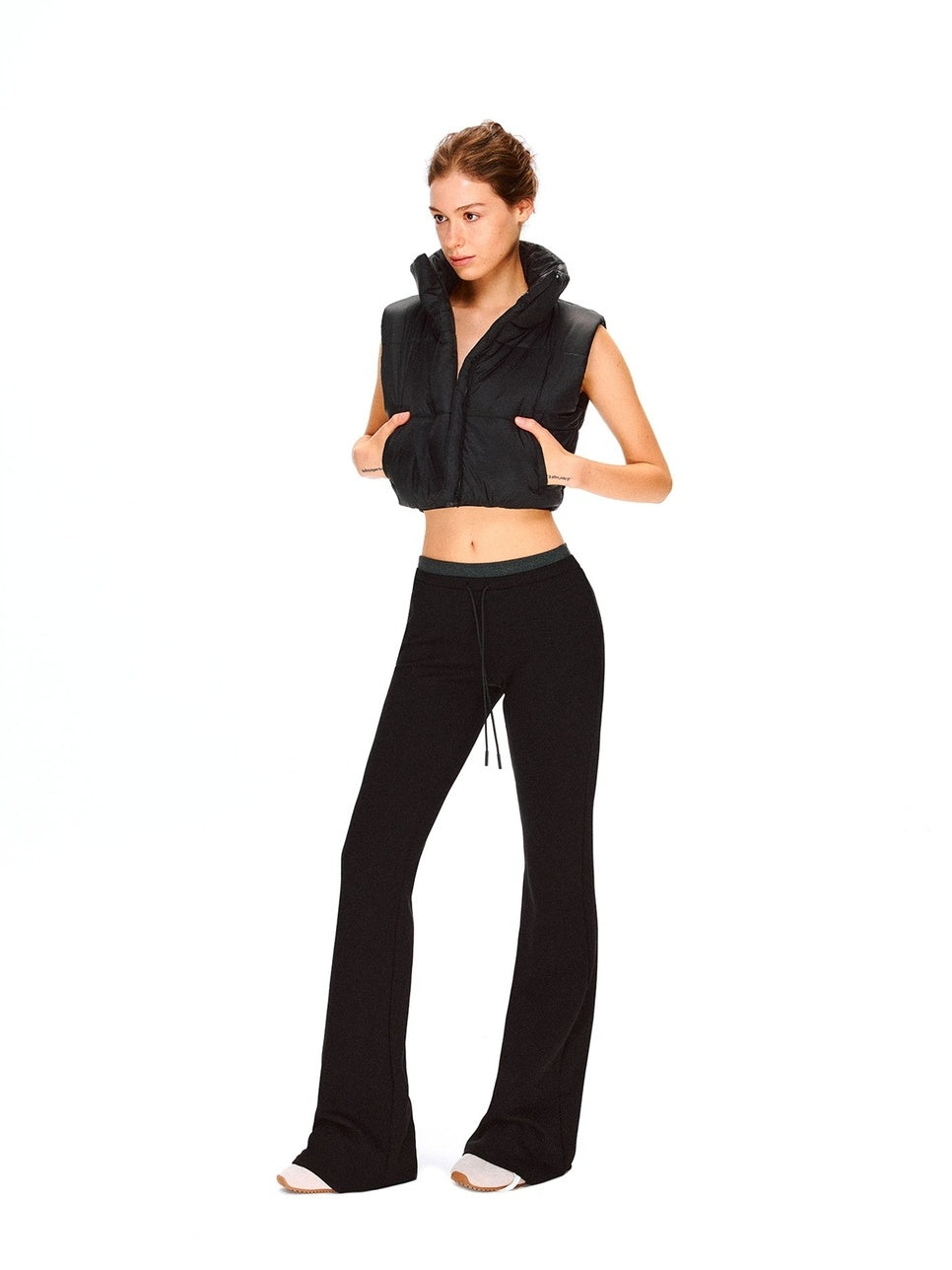 kvkv Soft Cotton Modal Sporty Micro Flare Double Waistband Women Black Pants