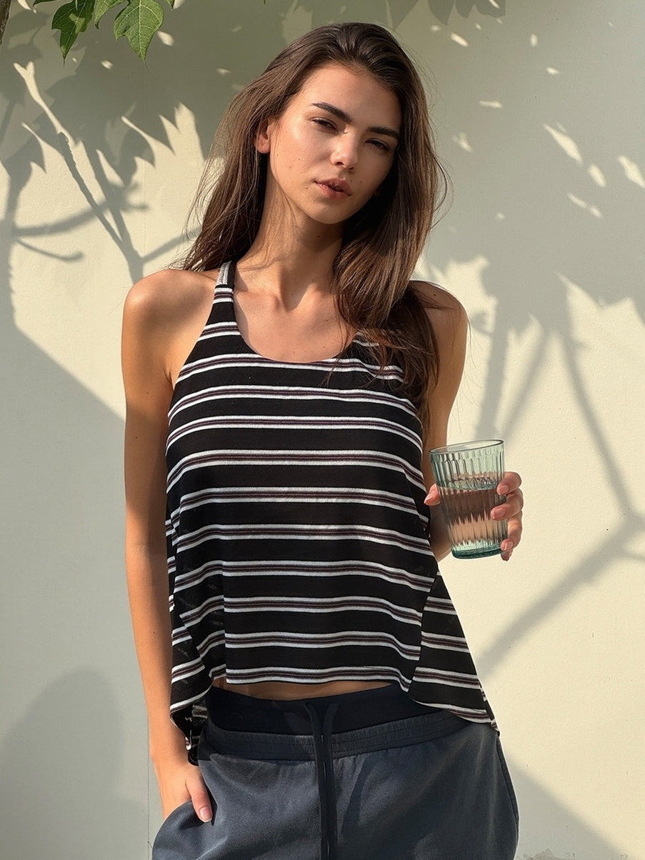 kvkv Soft Lyocell Vintage U Neck Cropped Striped Casual Women Tank Tops