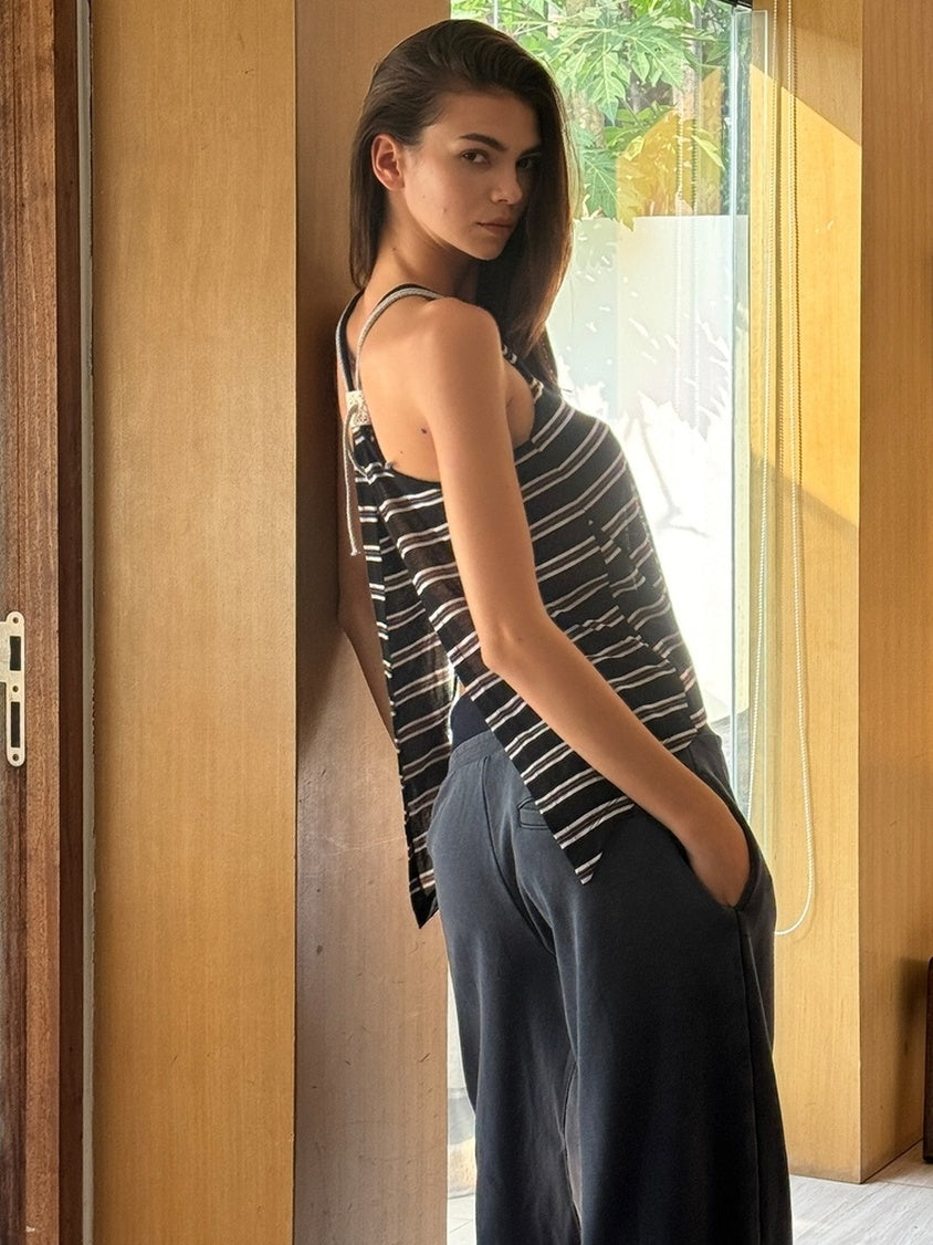 kvkv Soft Lyocell Vintage U Neck Cropped Striped Casual Women Tank Tops