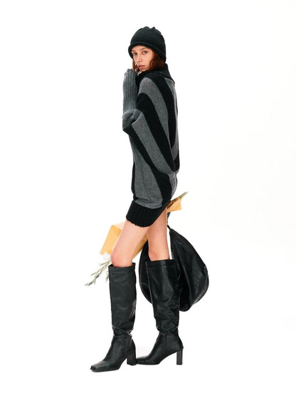 kvkv Soft Mohair Blend Vintage One Shoulder Batwing Long Sleeve Striped Women Sweater