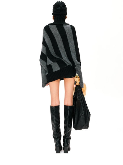 kvkv Soft Mohair Blend Vintage One Shoulder Batwing Long Sleeve Striped Women Sweater