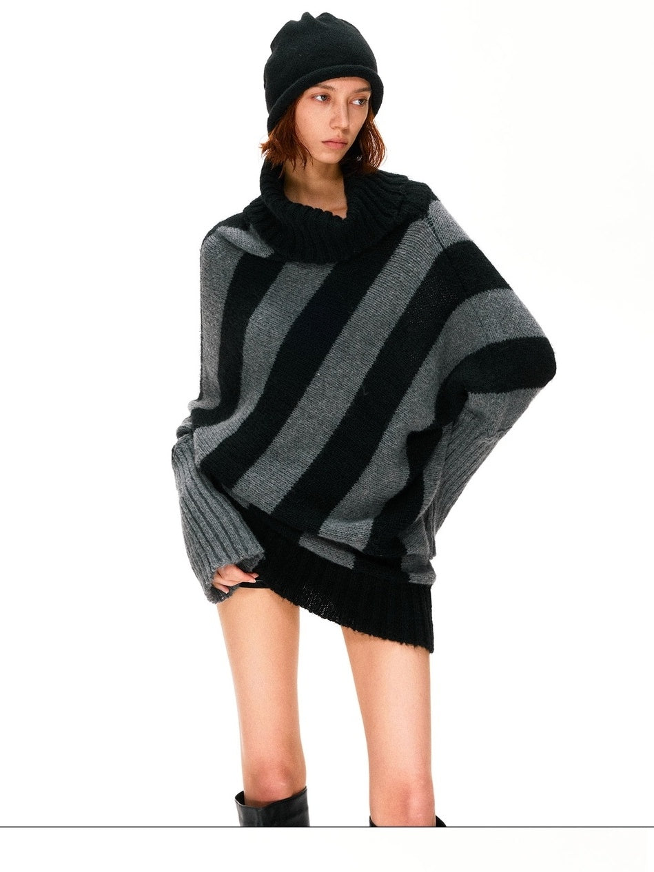 kvkv Soft Mohair Blend Vintage One Shoulder Batwing Long Sleeve Striped Women Sweater