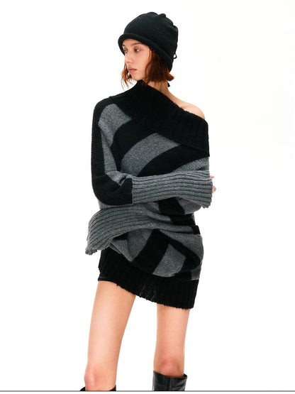 kvkv Soft Mohair Blend Vintage One Shoulder Batwing Long Sleeve Striped Women Sweater