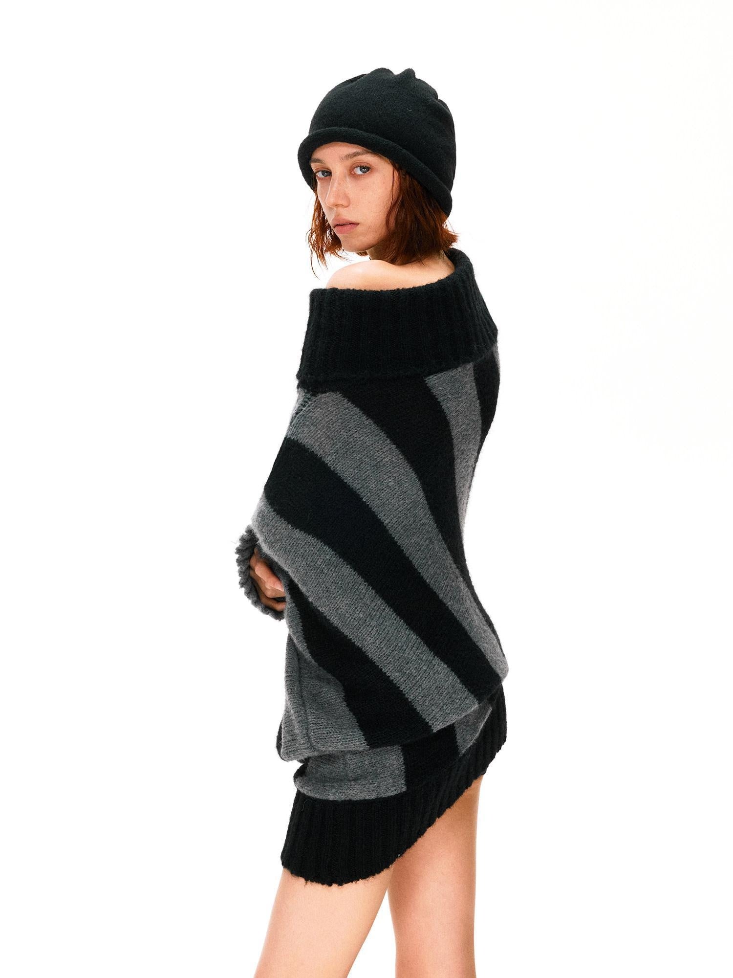 kvkv Soft Mohair Blend Vintage One Shoulder Batwing Long Sleeve Striped Women Sweater