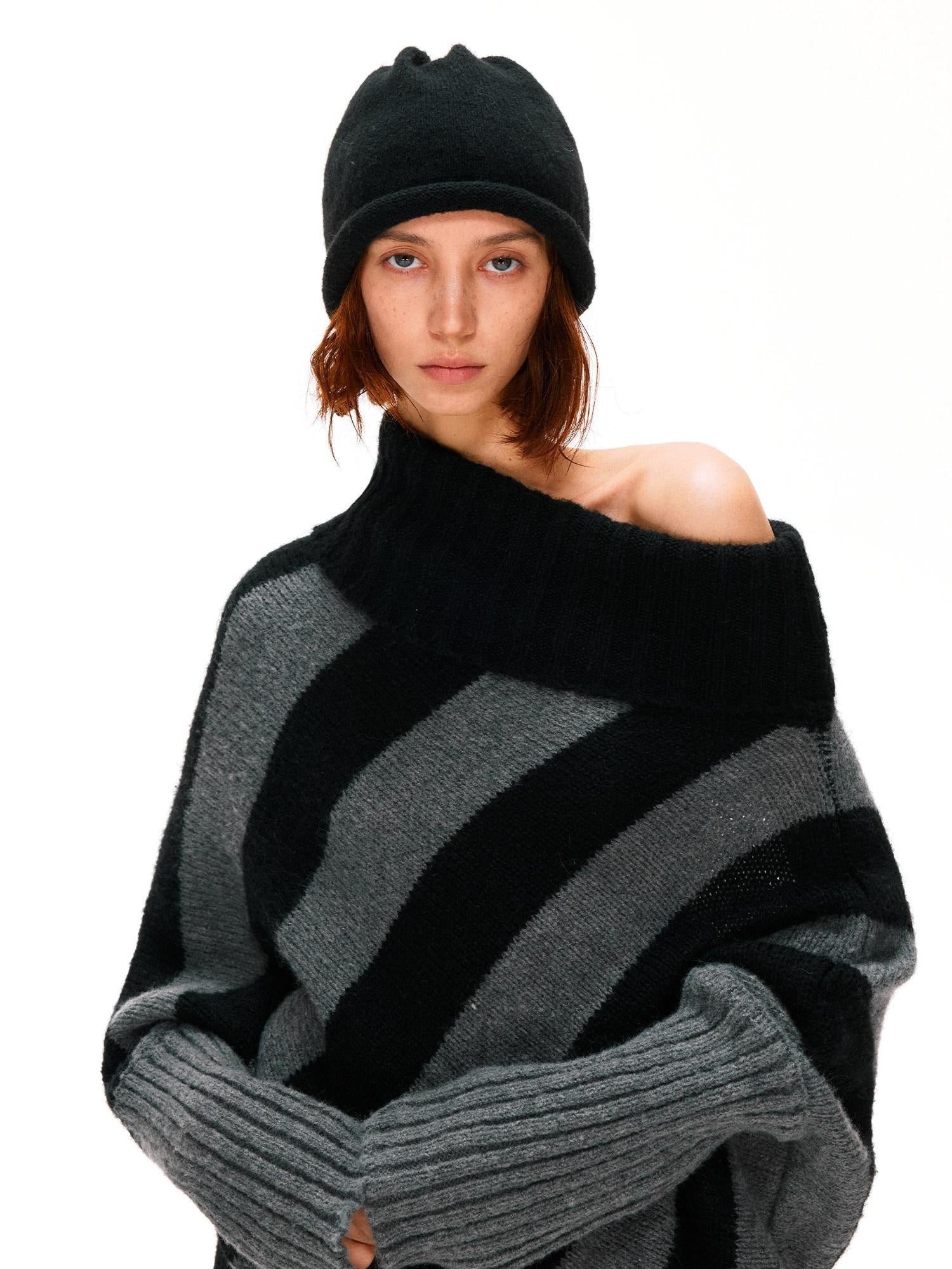 kvkv Soft Mohair Blend Vintage One Shoulder Batwing Long Sleeve Striped Women Sweater