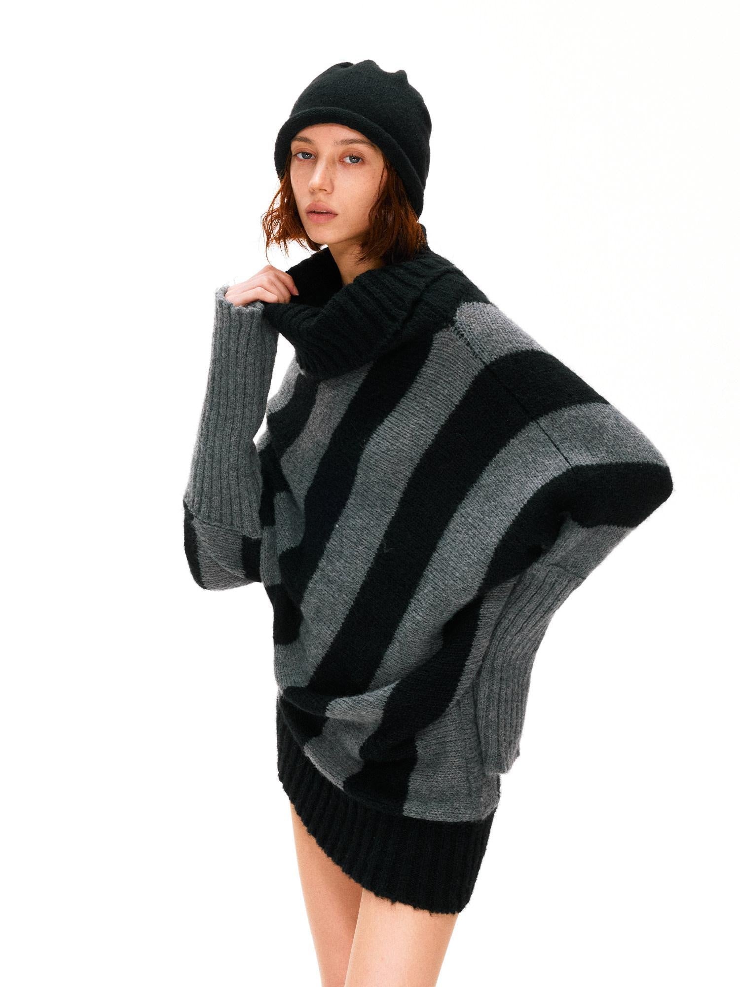 kvkv Soft Mohair Blend Vintage One Shoulder Batwing Long Sleeve Striped Women Sweater