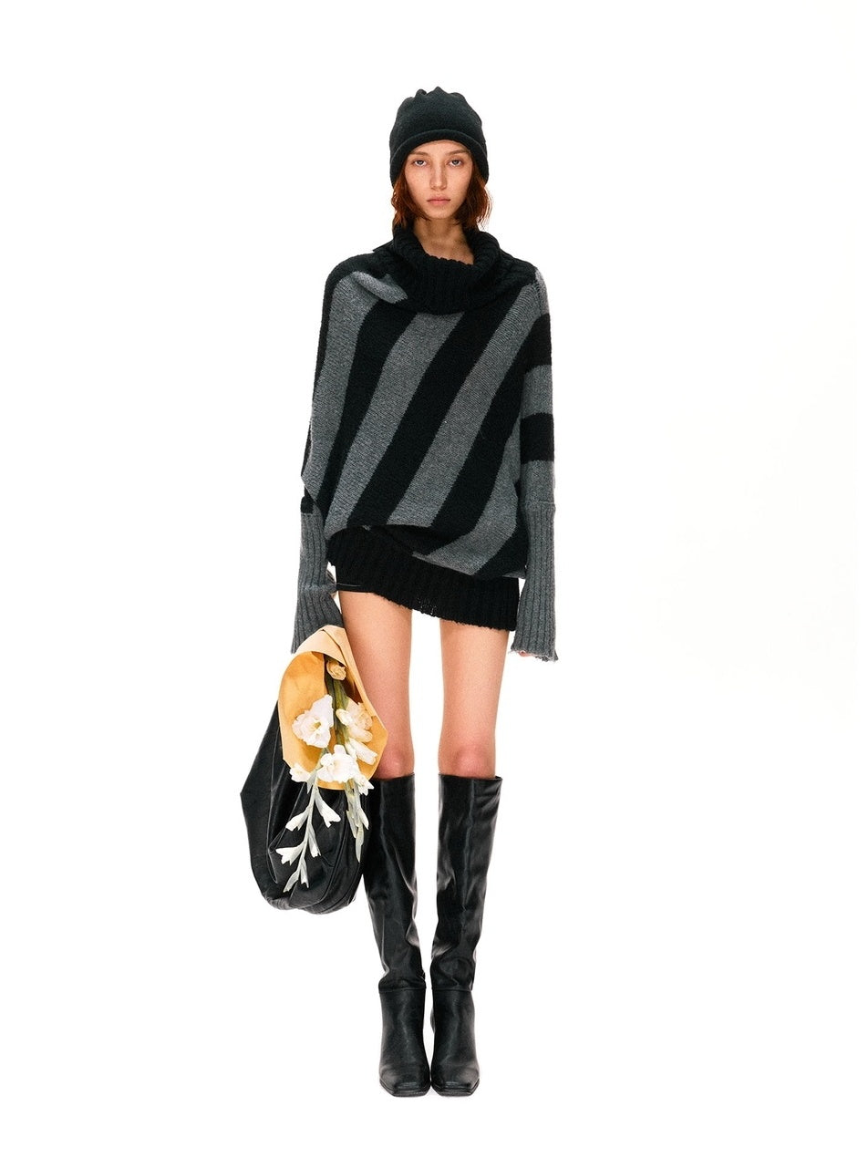 kvkv Soft Mohair Blend Vintage One Shoulder Batwing Long Sleeve Striped Women Sweater