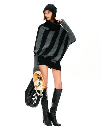 kvkv Soft Mohair Blend Vintage One Shoulder Batwing Long Sleeve Striped Women Sweater