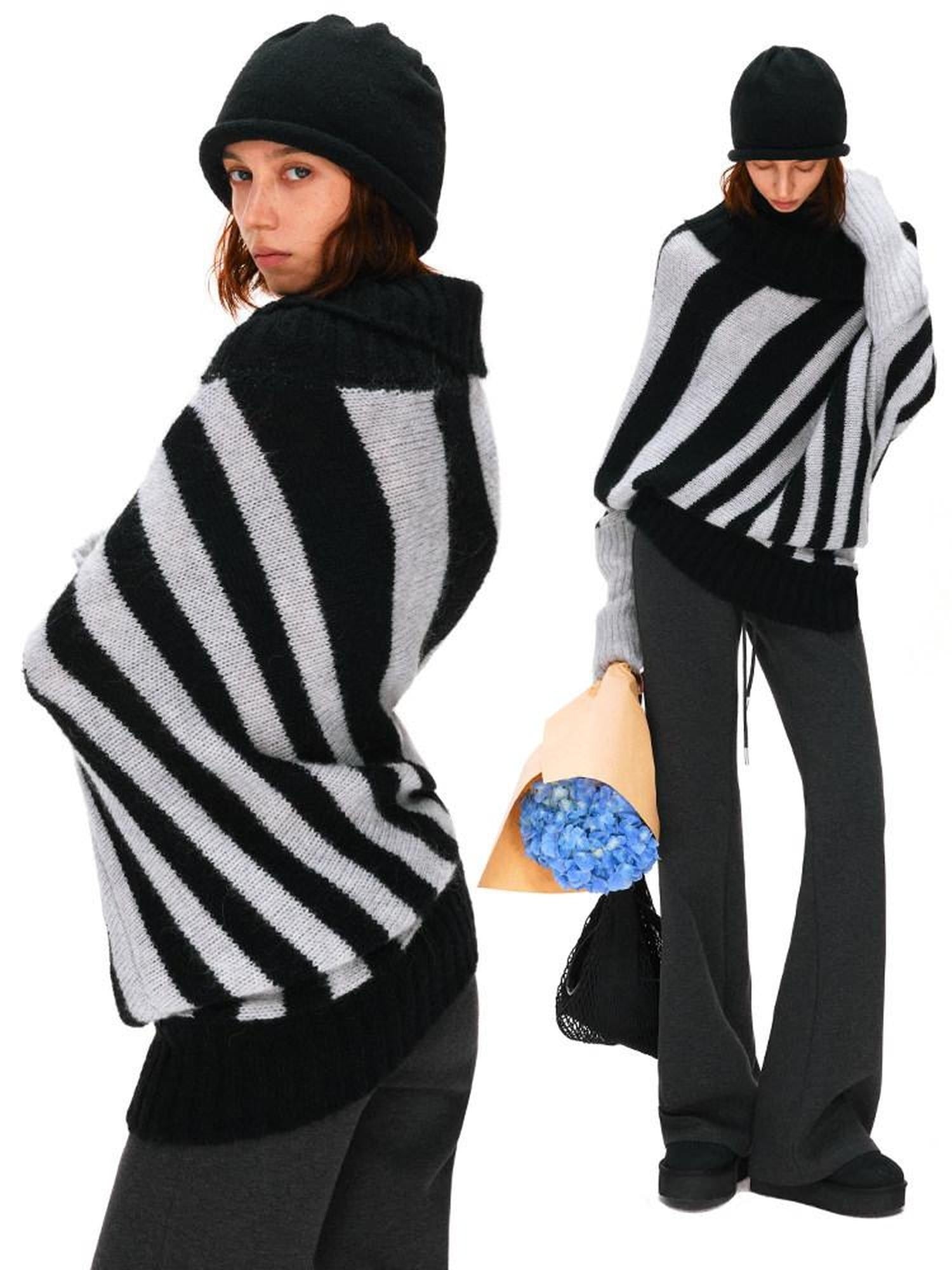 kvkv Soft Mohair Blend Vintage One Shoulder Batwing Long Sleeve Women Striped Sweater