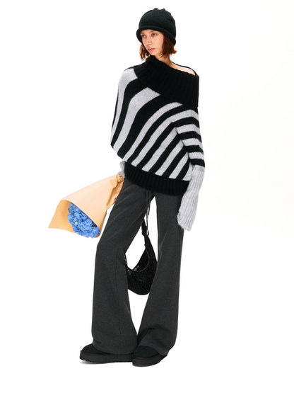 kvkv Soft Mohair Blend Vintage One Shoulder Batwing Long Sleeve Women Striped Sweater