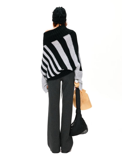 kvkv Soft Mohair Blend Vintage One Shoulder Batwing Long Sleeve Women Striped Sweater