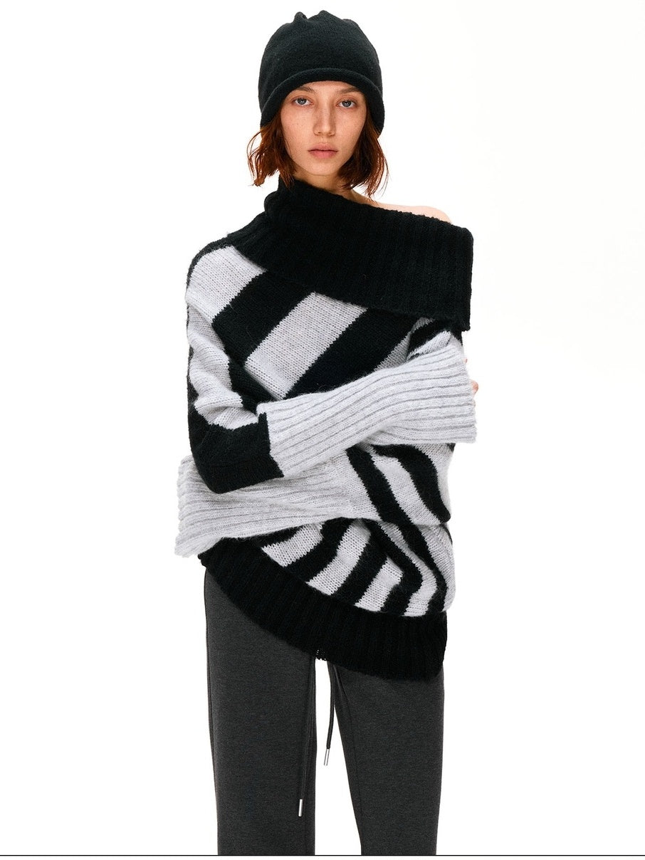 kvkv Soft Mohair Blend Vintage One Shoulder Batwing Long Sleeve Women Striped Sweater