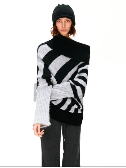 kvkv Soft Mohair Blend Vintage One Shoulder Batwing Long Sleeve Women Striped Sweater
