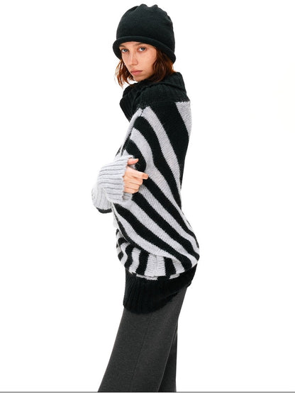 kvkv Soft Mohair Blend Vintage One Shoulder Batwing Long Sleeve Women Striped Sweater